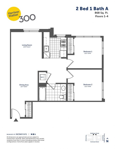Floor plan for 2 beds, 1 bath, 868 sqft
